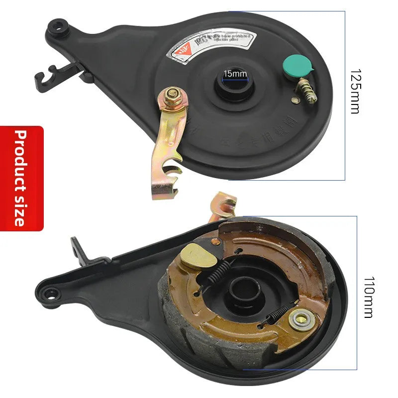 Electric scooter with 110-volt motor and integrated rear brake, electric motorcycle drum brake, tensioning assembly.