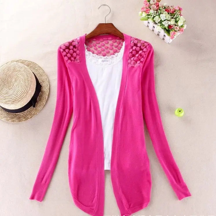 GREMISS New Summer Fashion Women Lace Sweet Candy Color Crochet Hollow Out Knitwear Blouse Full Sweater Cardigan Open Stitch