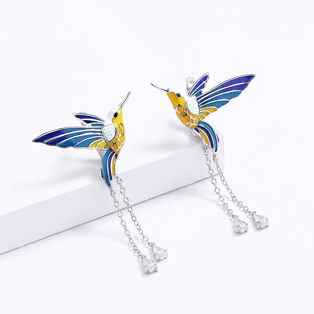 2024 New Fashion Bird Pendant Earrings Color Epoxy Tassel Long Earrings Handmade Enamel Women's Jewelry Earrings