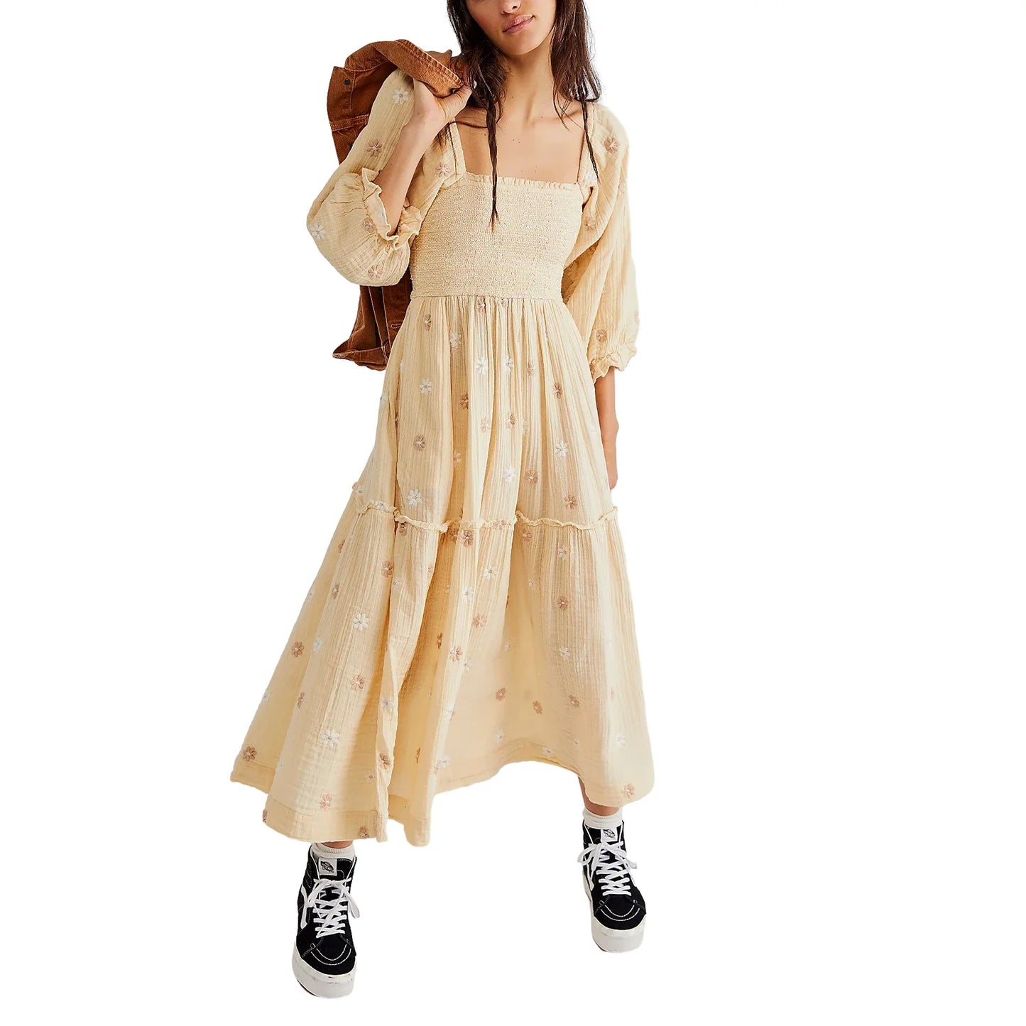 Casual Ladies Floral Print 3/4 Sleeve Loose Dress Summer Square Neck Long Dress Bohemian Women's A-Line Sundress 2023 Streetwear