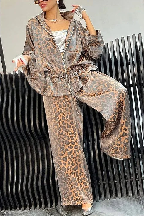 Spring Autumn Fashion Leopard Print 2 Piece Sets Women Fall Lapel Zipper Drawstring Coat Wide-leg Pants Outfit  Long Sleeve Suit