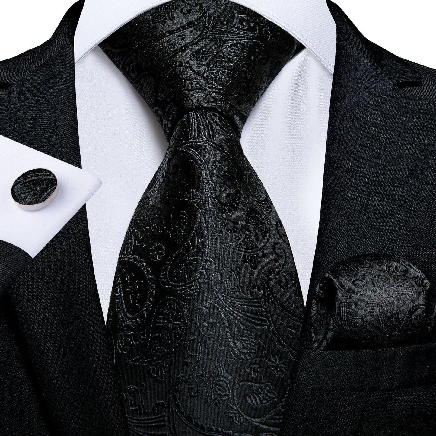 Black White Gray Silver Men Tie Handkerchief Cufflinks Set.