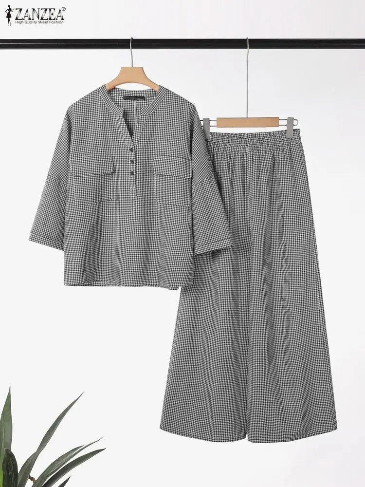Women Pants Sets ZANZEA Fashion Summer 2 Piece Sets Plaid Outfits Casual Half Sleeve Blouse Wide Leg Trousers Street Tracksuit