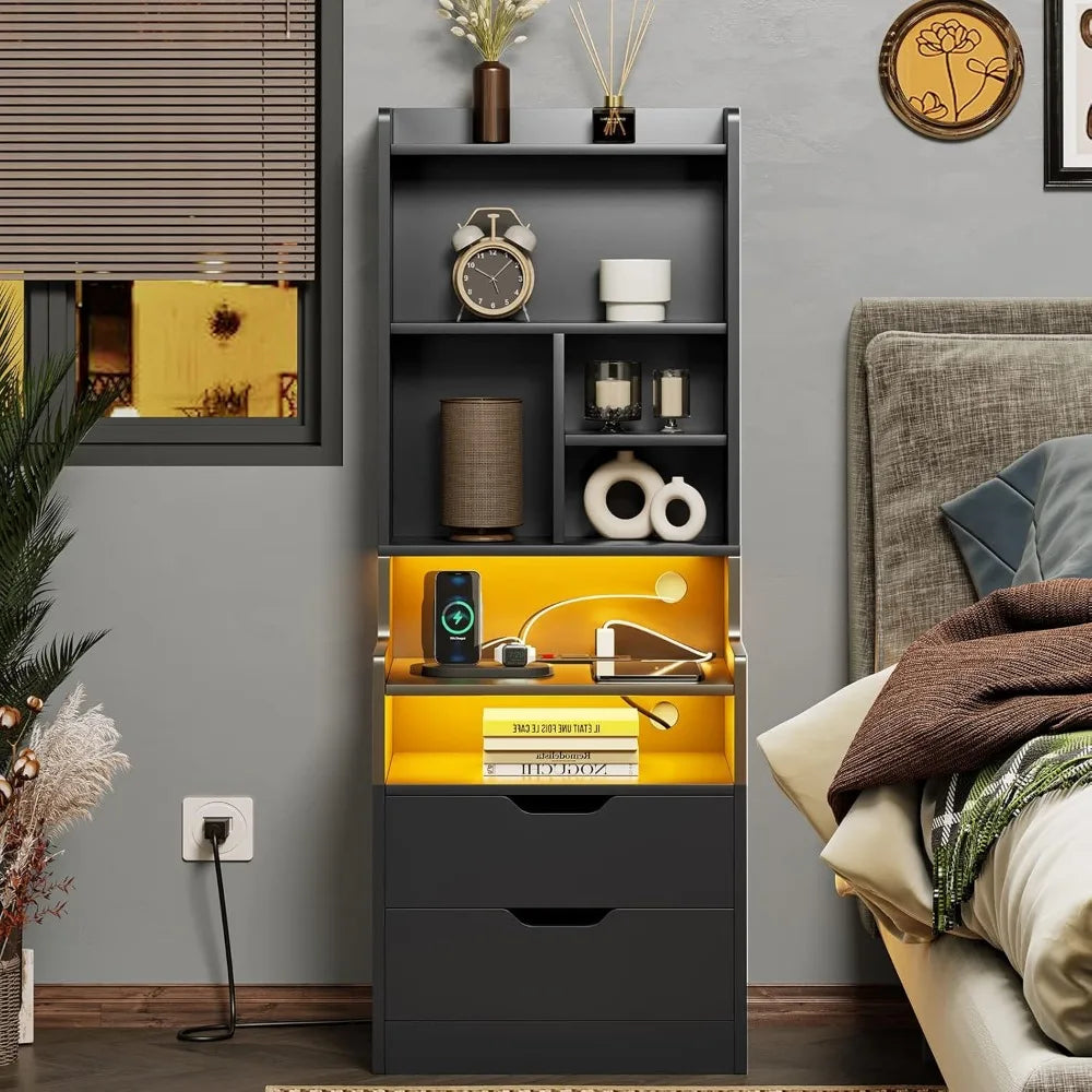 Charging Nightstand Set of 2 with LED Lights,Tall Night Stand with Bookshelf,Bedside Table with Drawers