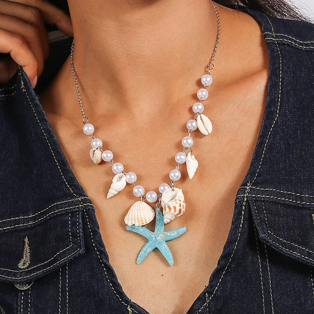 New Fashion Shell Starfish Choker Necklaces Multilayer Pearl Statement Necklaces For Women Beach