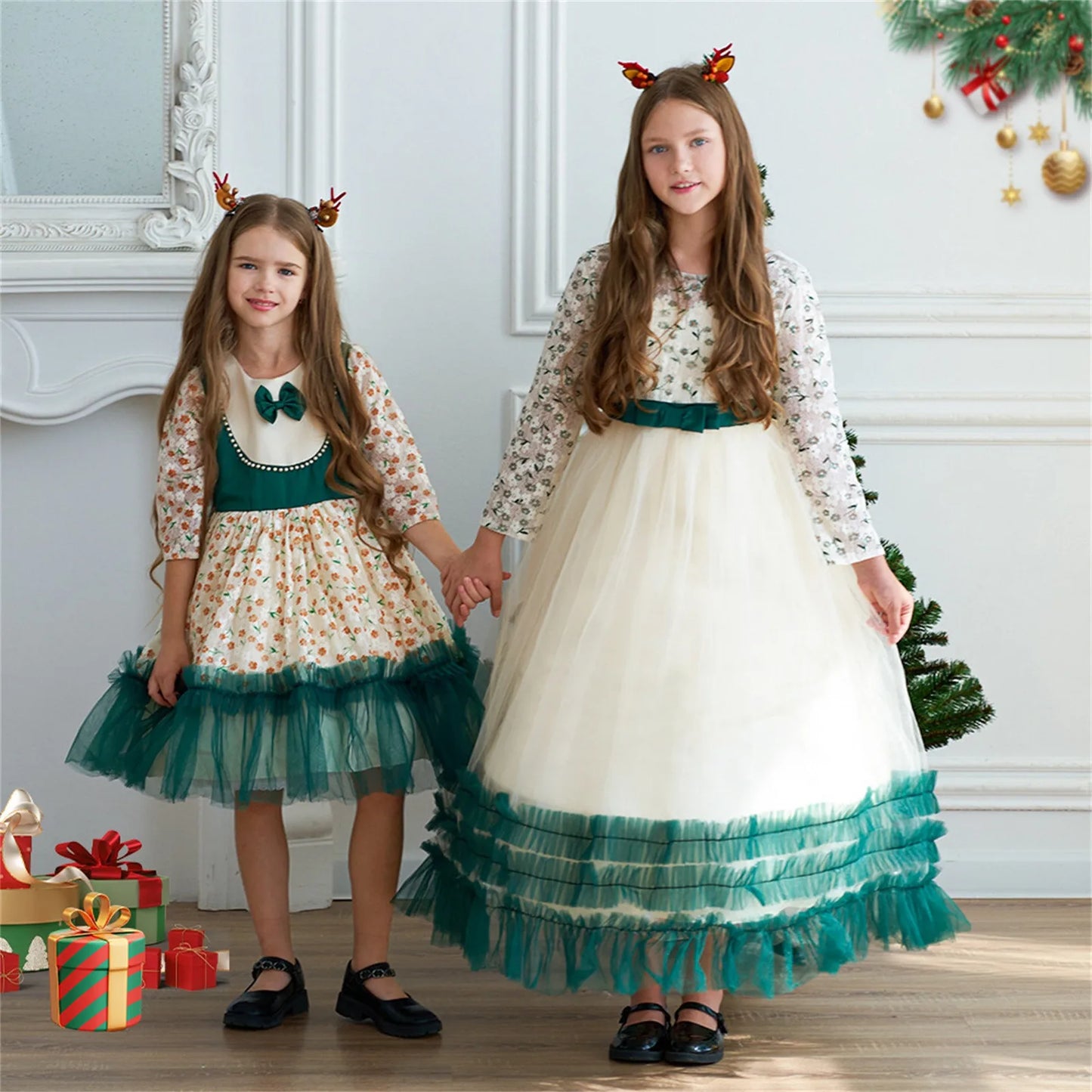 Christmas Kids Girls Green Dresses For Kids Long Sleeve Party Princess Clothes Costume 4-14 Yrs Elegant Wedding Evening Vestidos