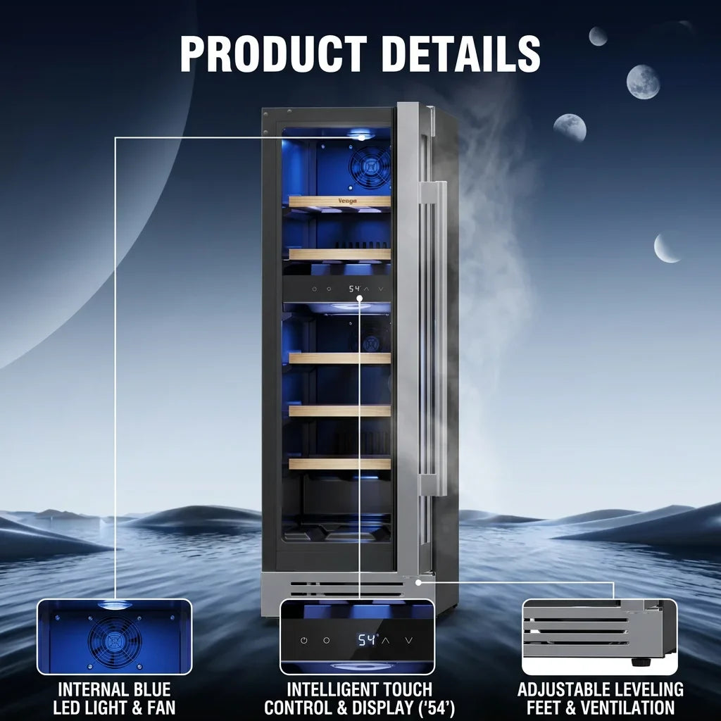 Wine Fridge Cooler 12 Inch Wine Fridge Hold 17 Bottles, Wine Refrigerator Glass Door Built-in Wine Storage Cabinet For Home Kitchen Bar