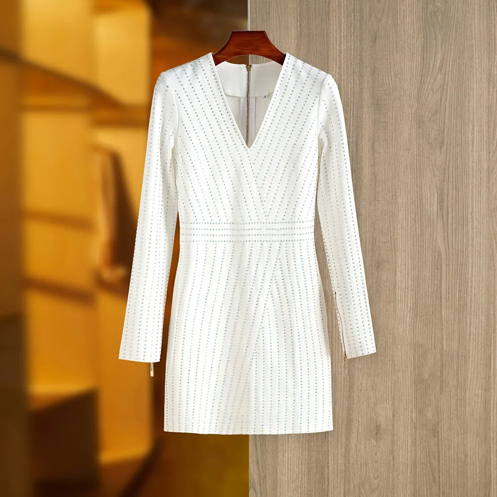 Sparkling Striped Long Sleeve Dress Black V-Neck Full Sleeve Women's Dress