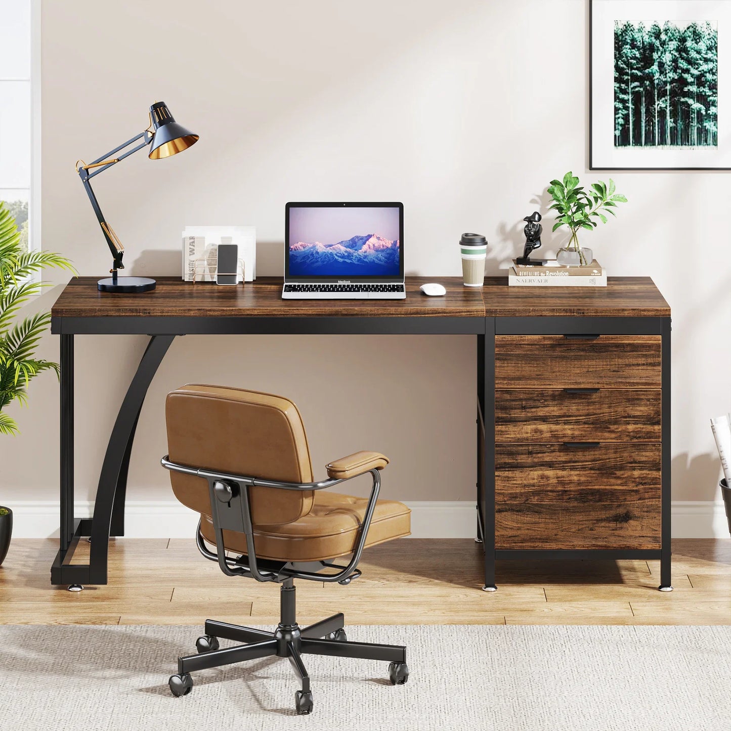 Computer Desk with 3 Drawers, 59-Inch PC Desk with Reversible Drawers, Industrial Study Table Workstation.