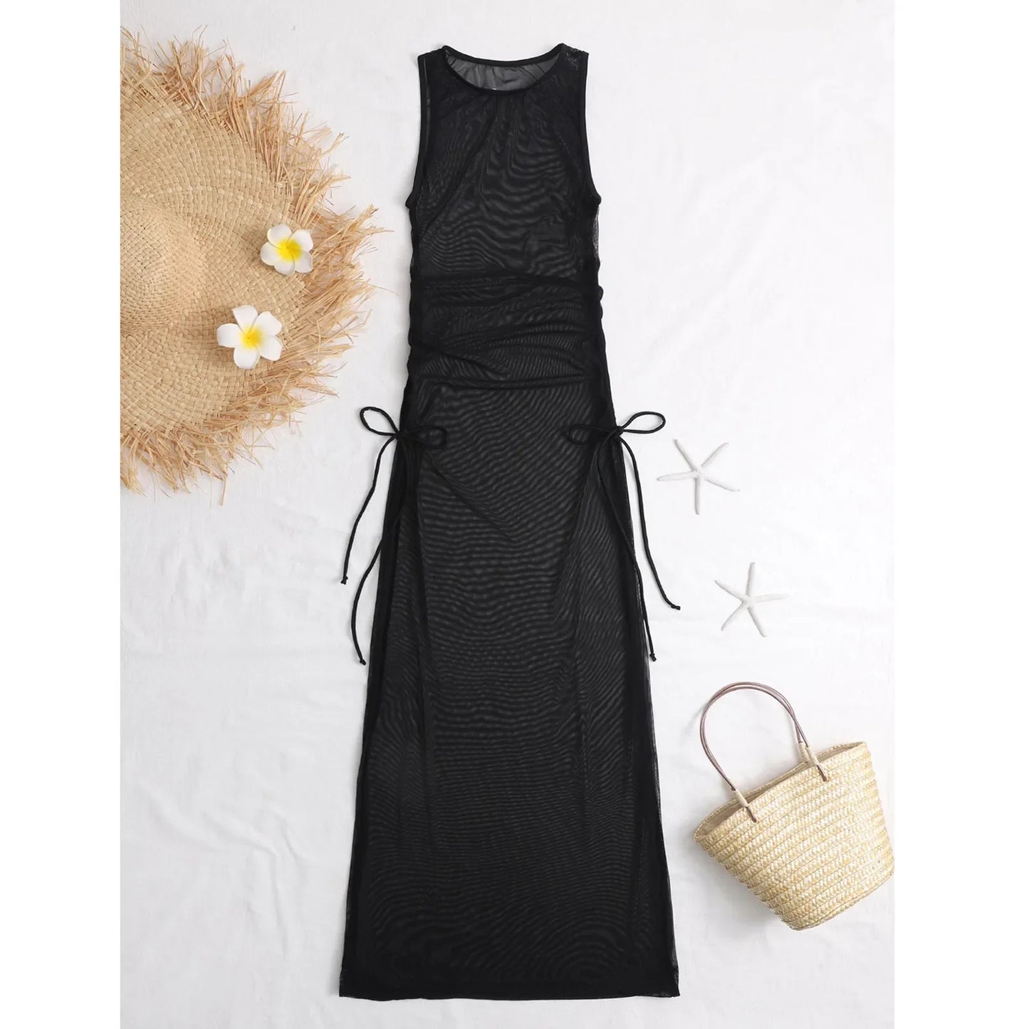 Sexy See Through Mesh Sheer Long Beach Dress Tunic Beach Cover Up Female High Split Cover-ups Beach Sarongs Dress Beachwear