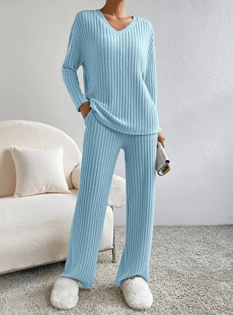 Two-piece Set Female 2024 Fall New Fashion Casual Straight Pants Temperament Loose V-neck Pit-stripe Knitting Women's Clothes