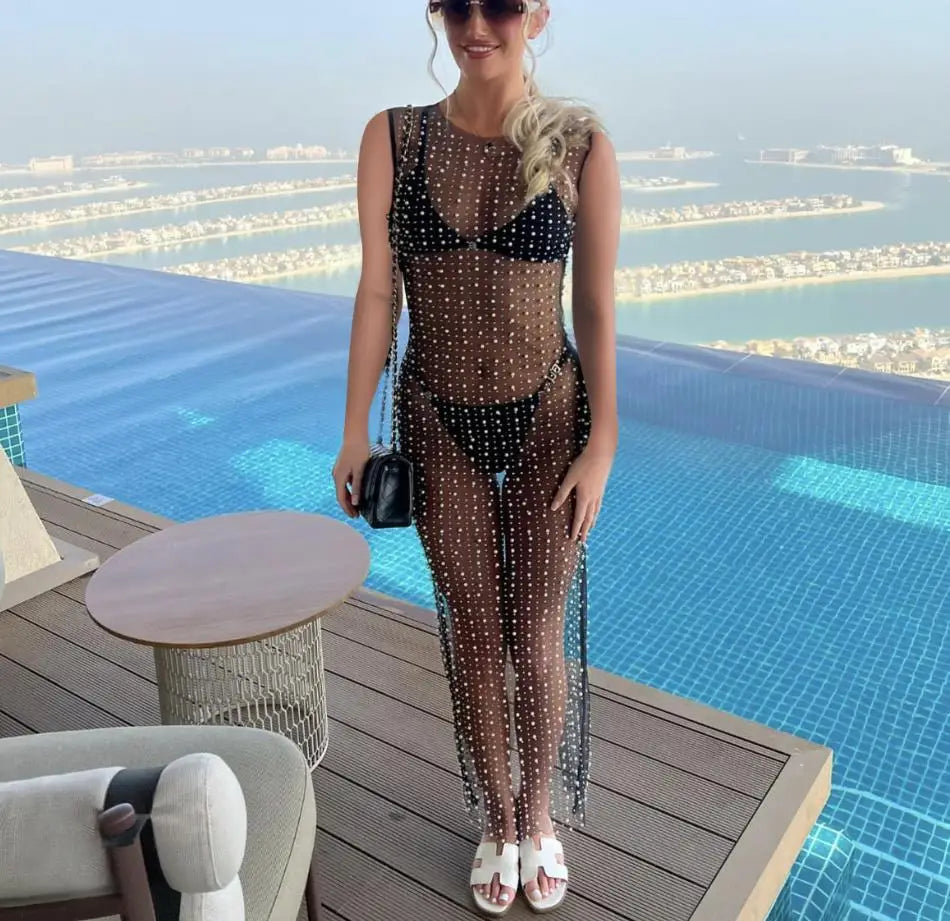 Yiiciovy Women's Bikini Cover-Ups Dress Ladies Sleeveless Dress with Pearl Decoration See Through Mesh Sheer Pool Party Dresses