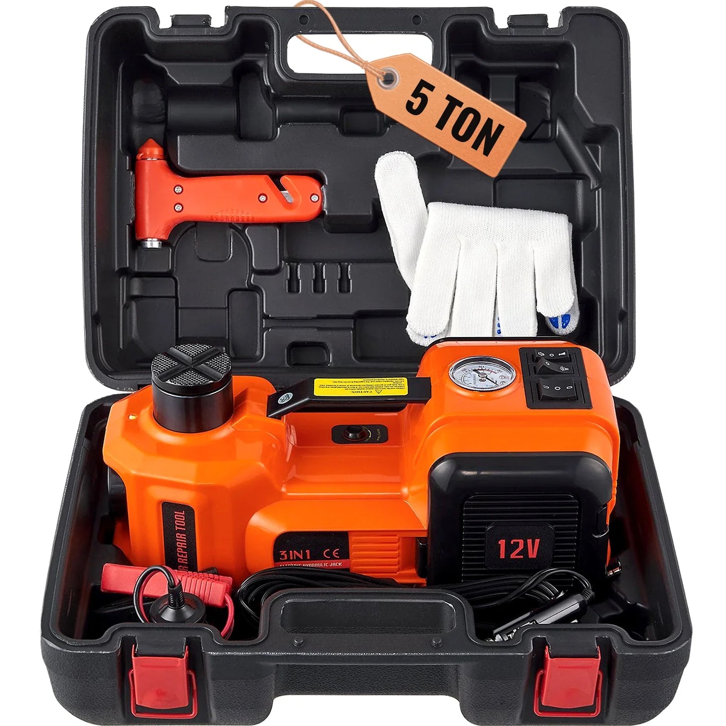 5T Electric Car Jack, Hydraulic Car Jack with Built-in Inflatable Pump LED.