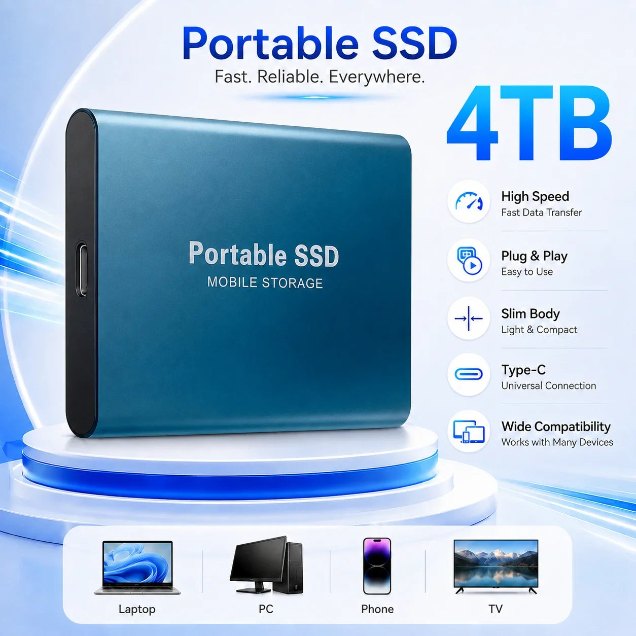 2TB External Hard Drive 4TB Portable SSD USB-C High-Speed Storage Disk for File Backup Compact & Durable