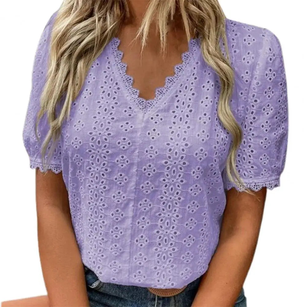 Elegant Women's Casual White Lace Shirt Blouses Office Summer Ruffles Short Sleeve Shirts For Women Hollow Out Simple Top Female