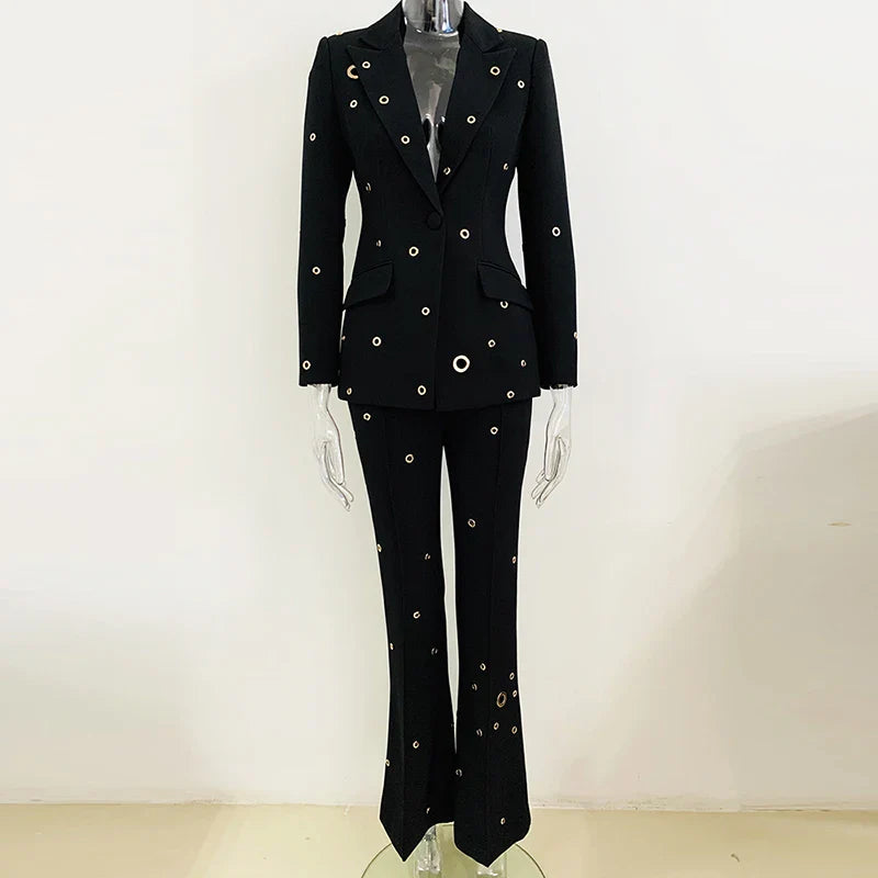 HIGH QUALITY2024 Newest Designer Fashion Runway Suit Set Women's Slim Fit Single Button Grommet Lapel Blazer Pants Set 2pcs