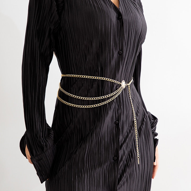 Fashion Round Brand Alloy Multi-Layer Exaggerated Body Chain 2023 New Women Queen Head Retro Street Snap Beam Party Waist Chain