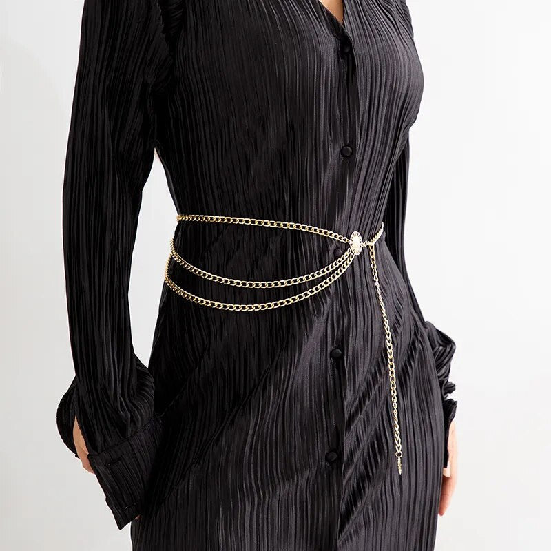 Fashion Round Brand Alloy Multi-Layer Exaggerated Body Chain 2023 New Women Queen Head Retro Street Snap Beam Party Waist Chain