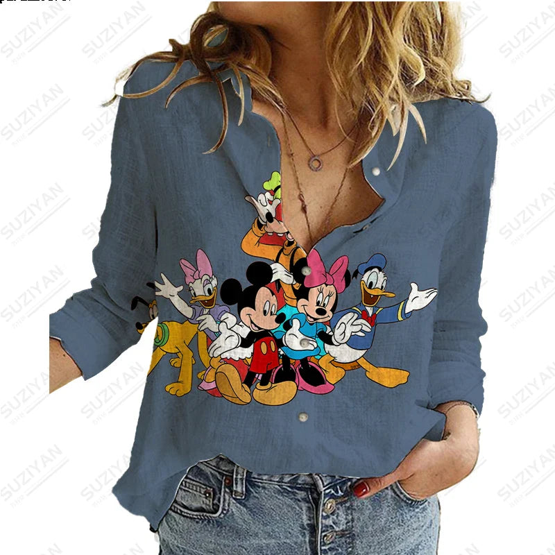 2023 Summer New Women's Long Sleeve Shirt Disney 3D Printed Button Cardigan Temperament Simple Shirt Street Loose Women's Shirt