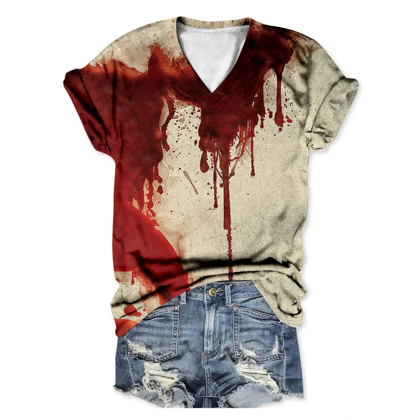 Women'S Casual V Neck Short Sleeved Halloween Bloody Letter Printed T Shirt European And American Women'S Fashionable T Shirts