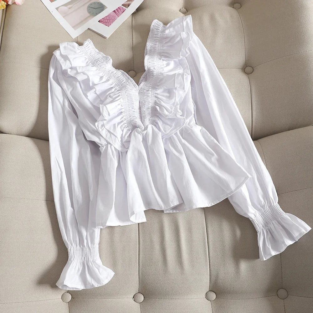 Gagaok Women Sweet Short Blouse Spring Autumn New Solid V-Neck Flare Sleeve Ruffles Slim Chic Wild Female Fashion Korean Shirt