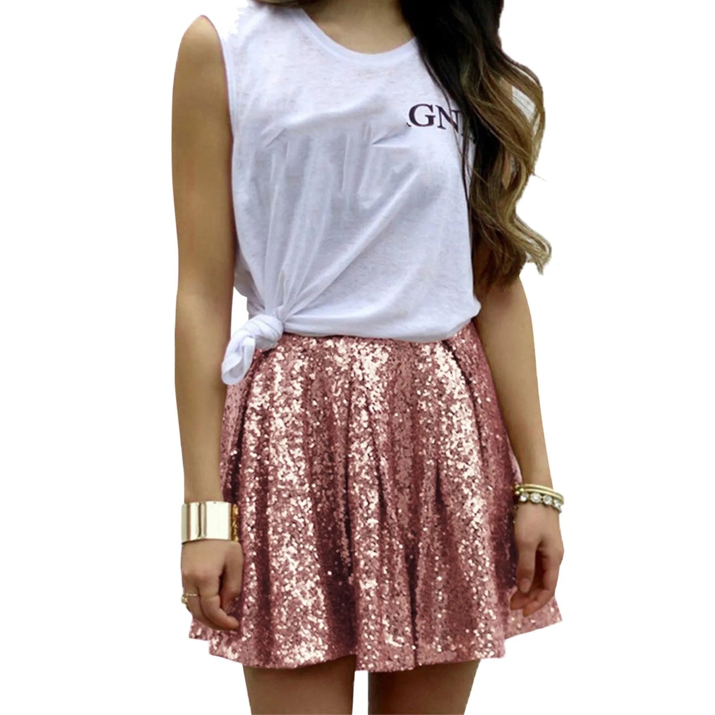 Women's Fashion High Waist Pleated Solid Color Short Skirt Sexy Holiday Cosplay Pink Sequin Skirt Elegant Party Wear Mini Skirts