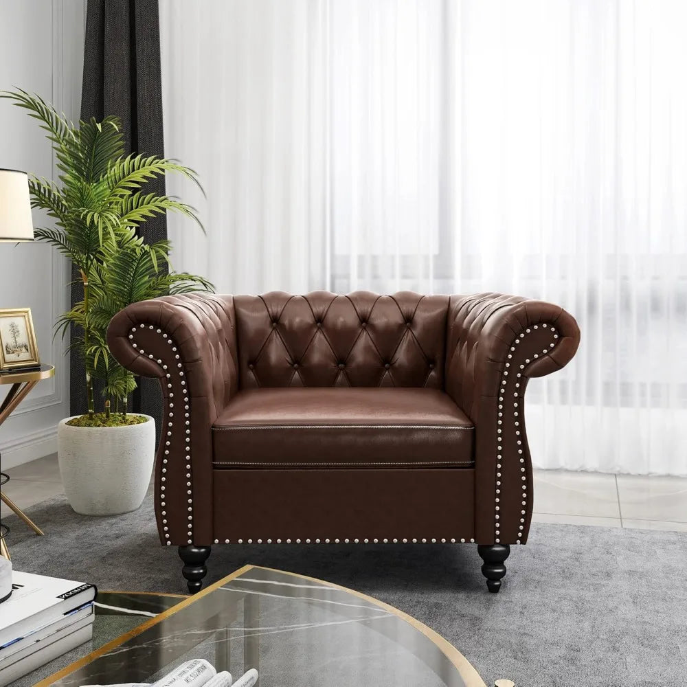 3-Piece Chesterfield Leather Sofa Set, with Scroll Arms & Nail,Head Trim, Dark Brown Living Room Furniture.