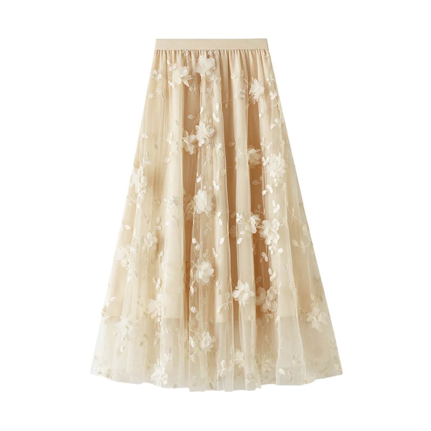 Korean Style Women's Floral Embroidered Mesh Skirt Harajuku High Waist A Line Midi Skirts Elegant Tulle Skirt Faldas Mujer