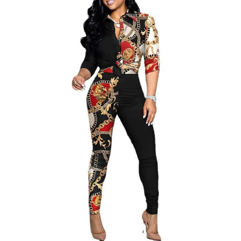 Women's Spring Summer New Set Fashion Color Blocked Printed Long Sleeve Collar Single Breasted Shirt Casual Pants Two Piece Set