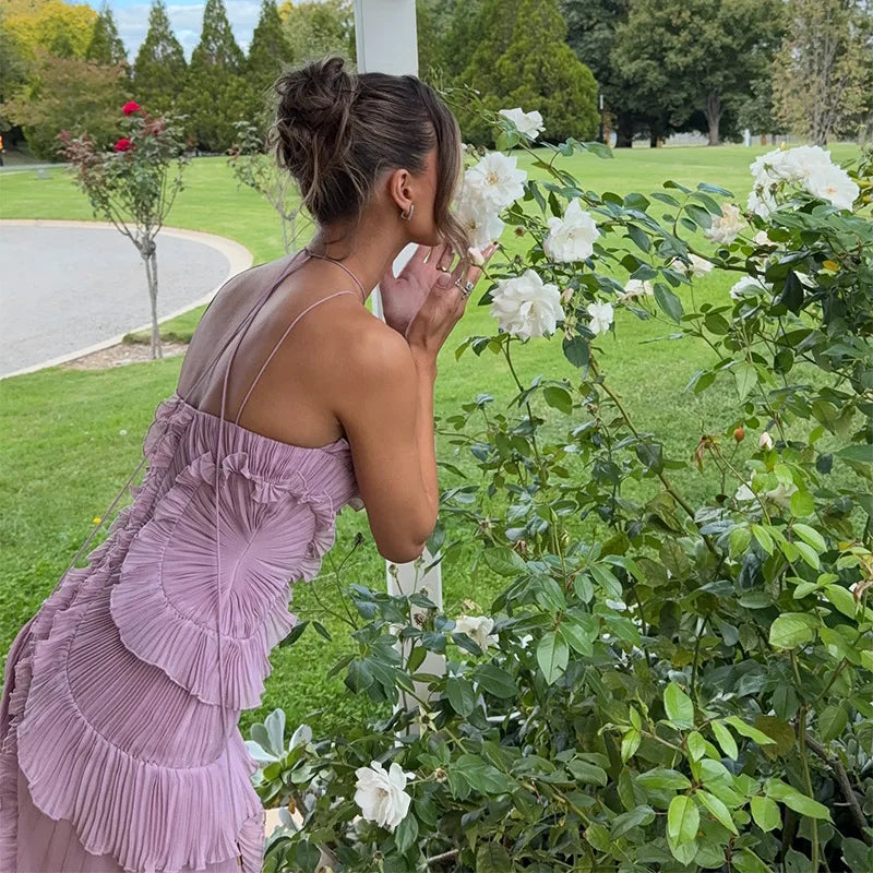 Elegant Women Ruffle Pleated Long Dress , Sleeveless Halter, Tiered Pleated , Maxi Dresses.