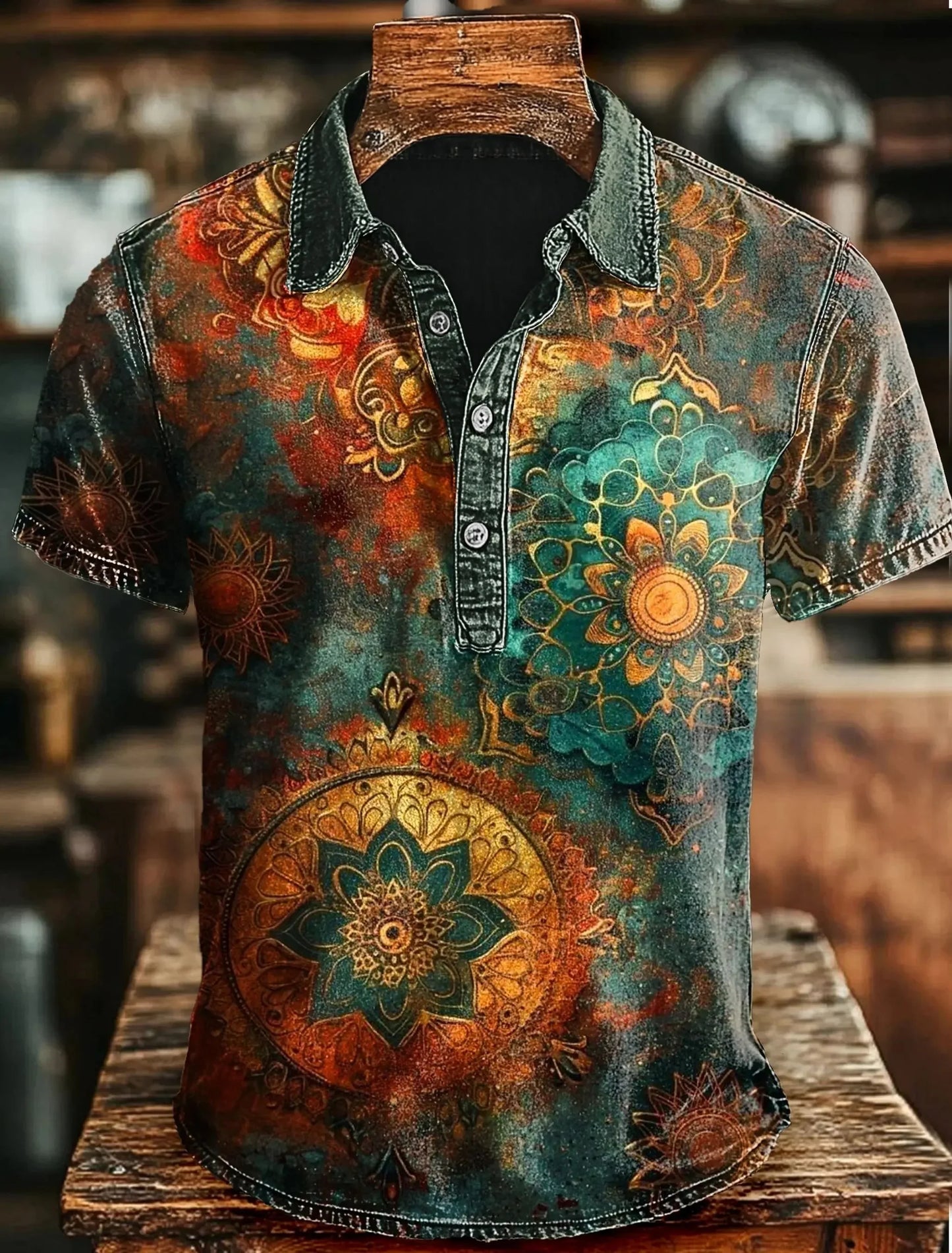 New American Retro Military Style Short Sleeved Polo Shirt with Red, Green, Black Camouflage Printed Casual Shirt