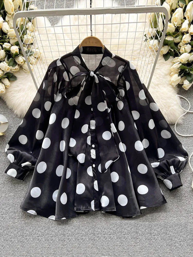 2023 Women's Spring Summer New All-match Chiffon Shirt Bow Tie Long-sleeved Polka Dot Western-style Top Blouse D999