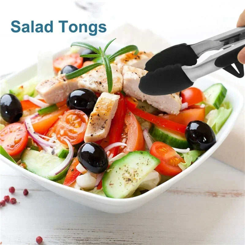 430 Stainless Steel Food Clip Equipped with Heat-resistant Silicone Kitchen Tongs Bbq Barbecue And Steak Frying Tool Holder