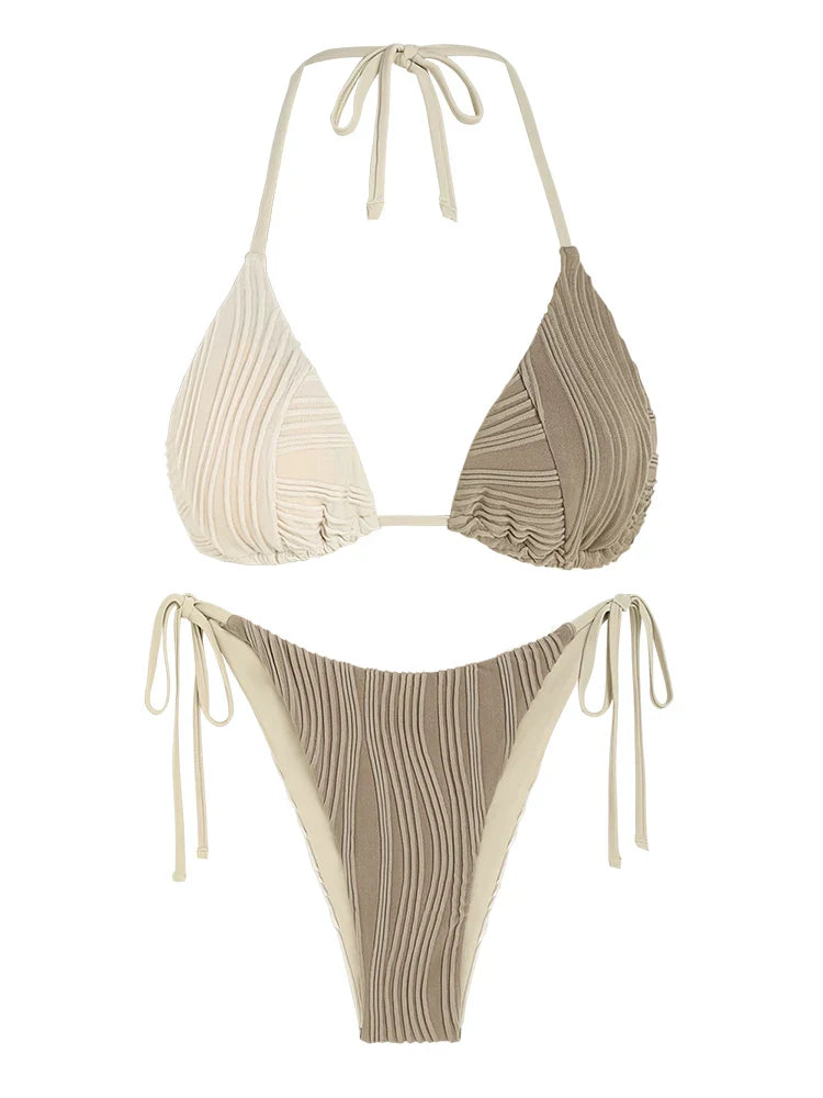 ZAFUL Women's Backless Triangle Swimsuit Halter Top High Cut Thong Bikini Set Textured Tie Side Bathing Suit Solid Swimwear 2024