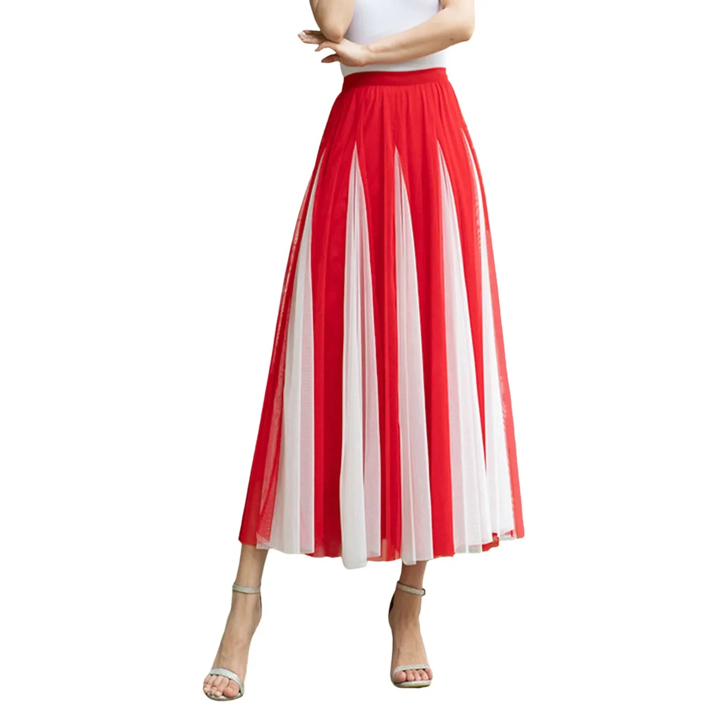 Women Color Block A-line Skirt Mid Length Drape Feeling High Waist Slim Mesh Skirts Carnival Festival Party Performance Costume