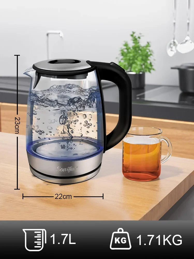 Sonifer 1.7L Glass Electric Kettle SF-2079, 2200W Fast Boil, Cordless, Blue LED Light, Auto Shut-Off, Dry Boil Protection
