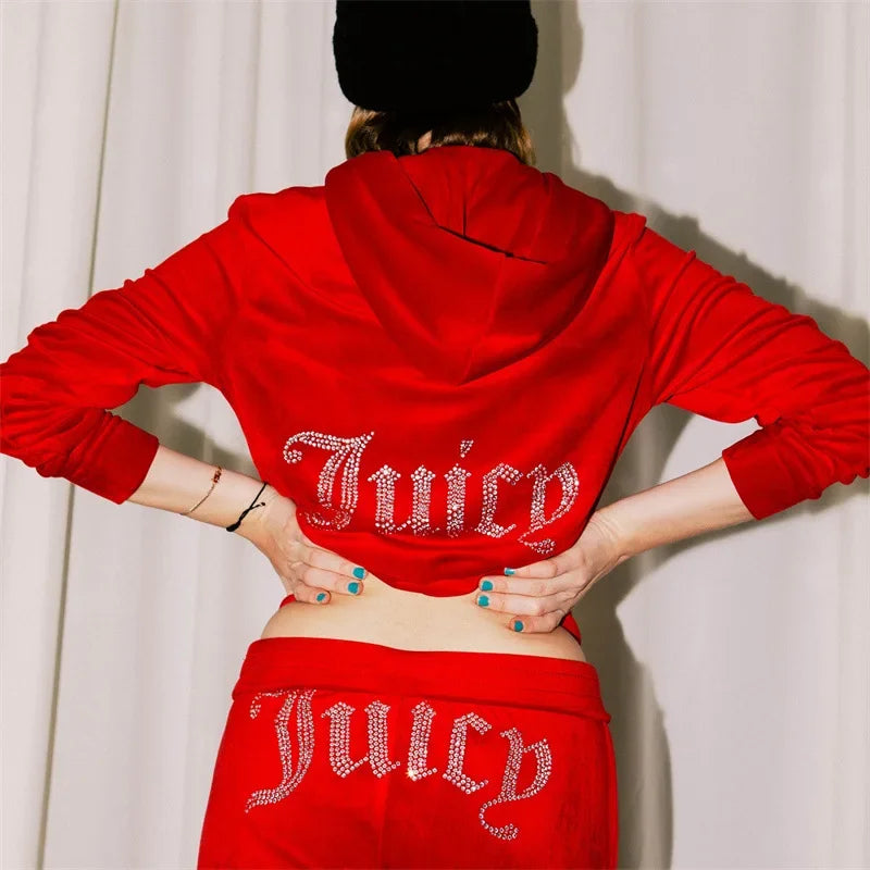 Velour Juicy Sewing Suit Hoodies Velvet Zipper Sweatshirt and Pants Set Sportswear 2023 Women's Spring/Fall Tracksuit Crop Top