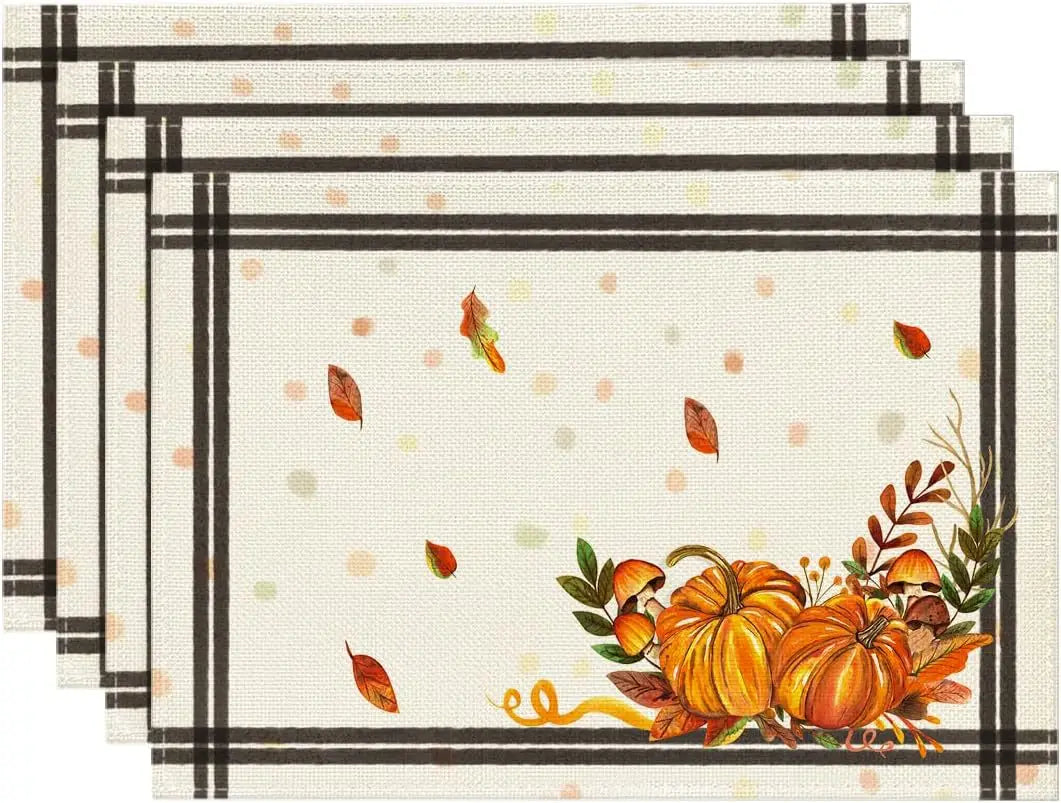 4PCS Thanksgiving Day Table Placemats 30*45cm Linen Autumn Pumpkin Maple Leaf Printed Dining Table Mat Festive Table Decoration