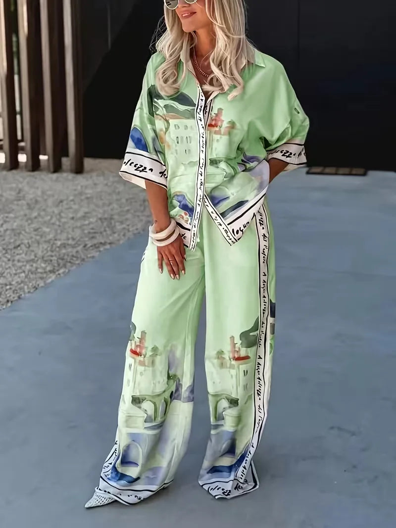 2 Pieces Set for Woman Summer New Elegant Printed Half Sleeves Shirt Tops Suits Fashionable Casual Loose Wide Leg Pants Sets