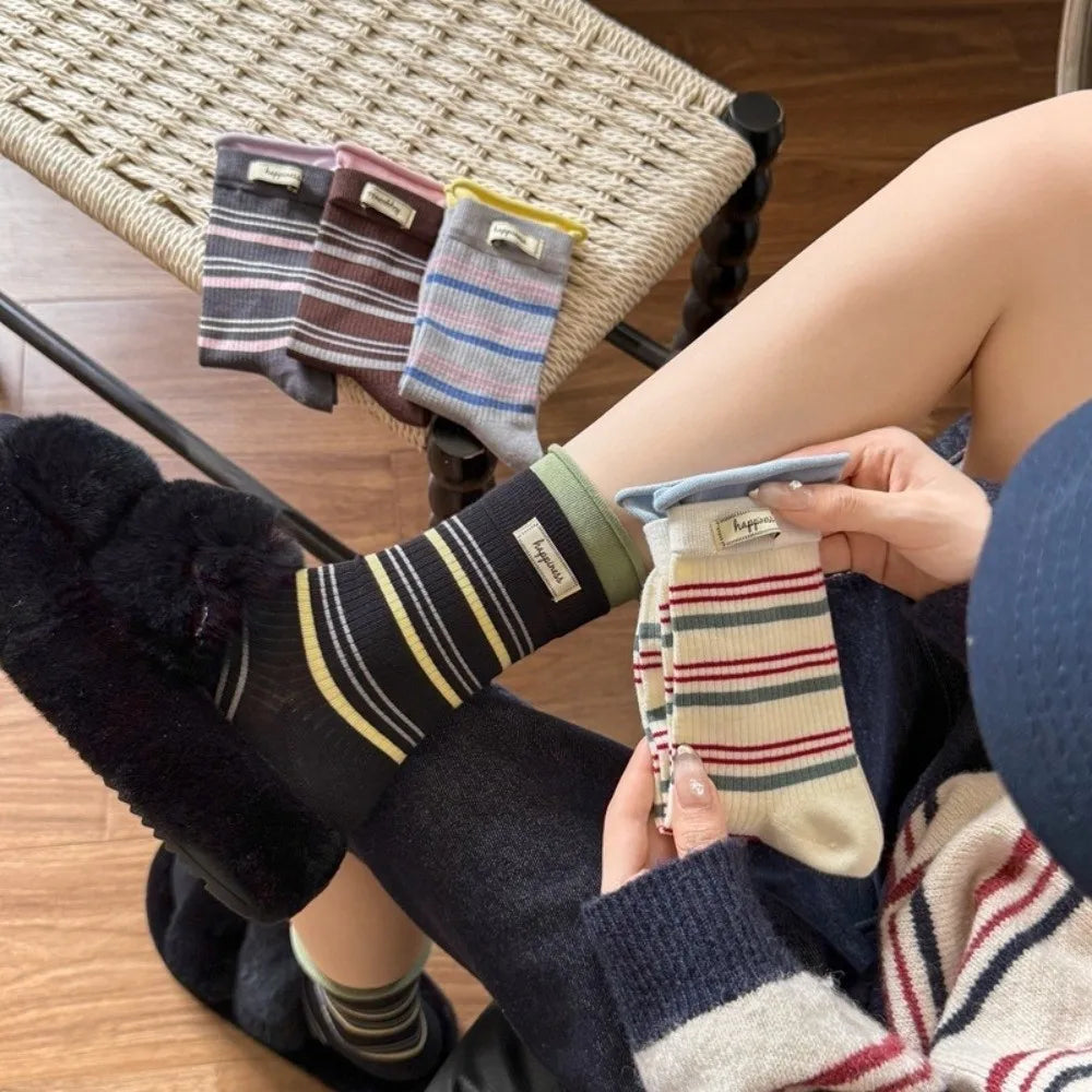 Fake Two-Piece Design Crew Socks Soft Knit Texture Mid-Calf Length Mid-Calf Socks Striped Pattern Striped Socks For Women