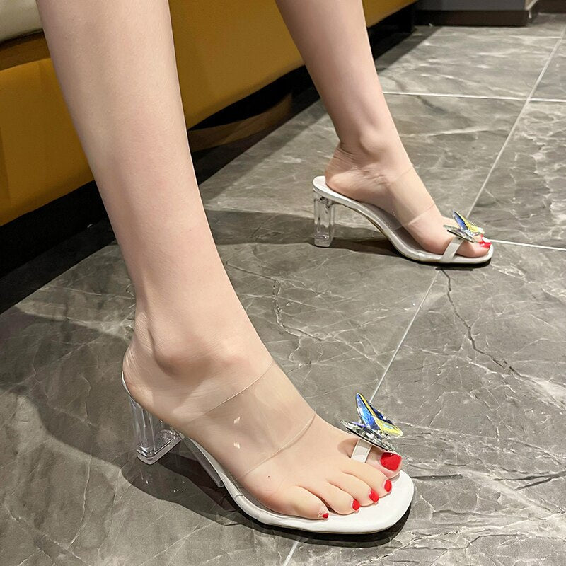 Women's Sexy Heels 2022 Summer New Transparent Butterfly Decorative PVC Crystal Slippers Fashion Open Toe Round Toe Women Pumps