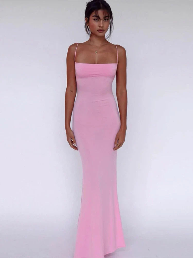 WeiYao Sexy Slim Backless Camisole Dress Solid Color Sleeveless Slash Neck A-line Maxi Dresses For Women Summer Women's Clothes