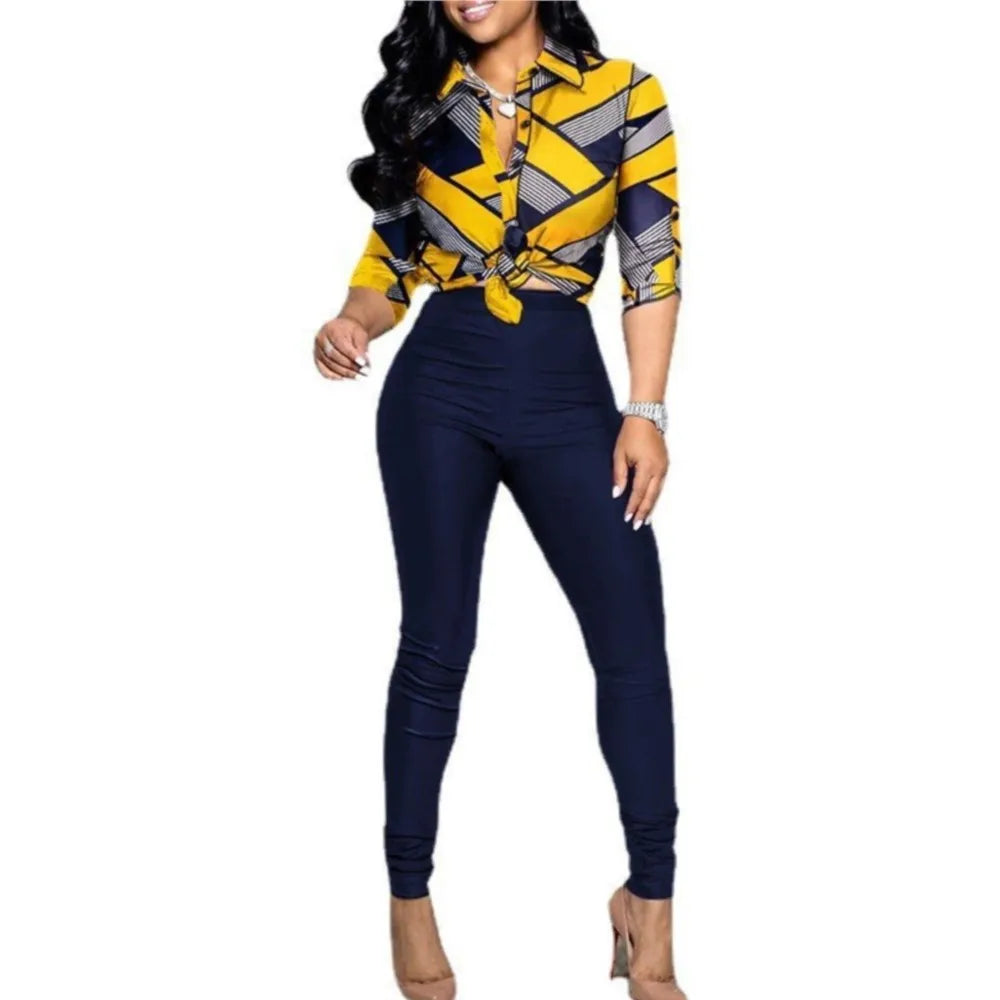 Women's Spring Summer New Set Fashion Color Blocked Printed Long Sleeve Collar Single Breasted Shirt Casual Pants Two Piece Set