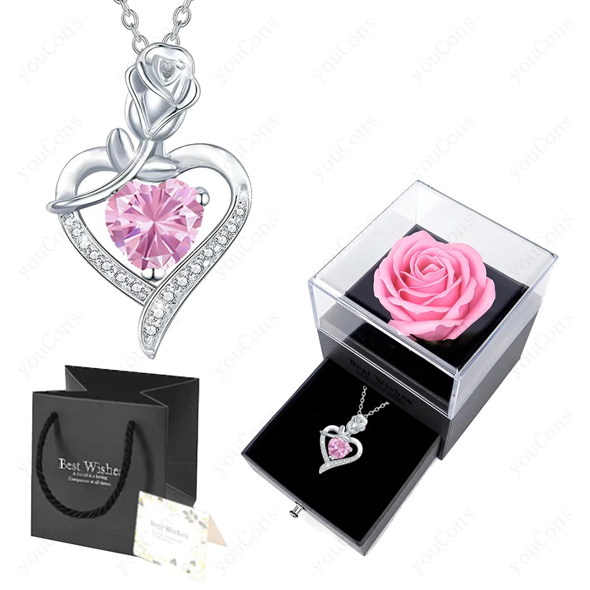 Luxury Red Zircon Heart Necklace With Rose Flower Gift Box For Girlfriend Birthday Valentine Gift  Romantic Accessories