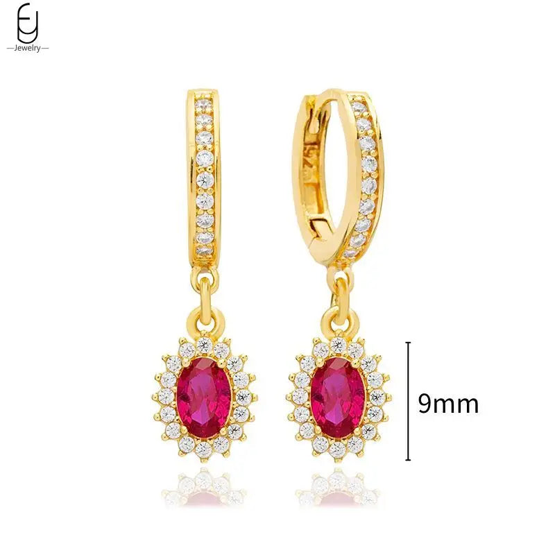 925 Sterling Silver Needle Rose Red Crystal Stud Earrings For Women Water Drop/Heart Pendant Gold Earrings Fashion Jewelry Gifts