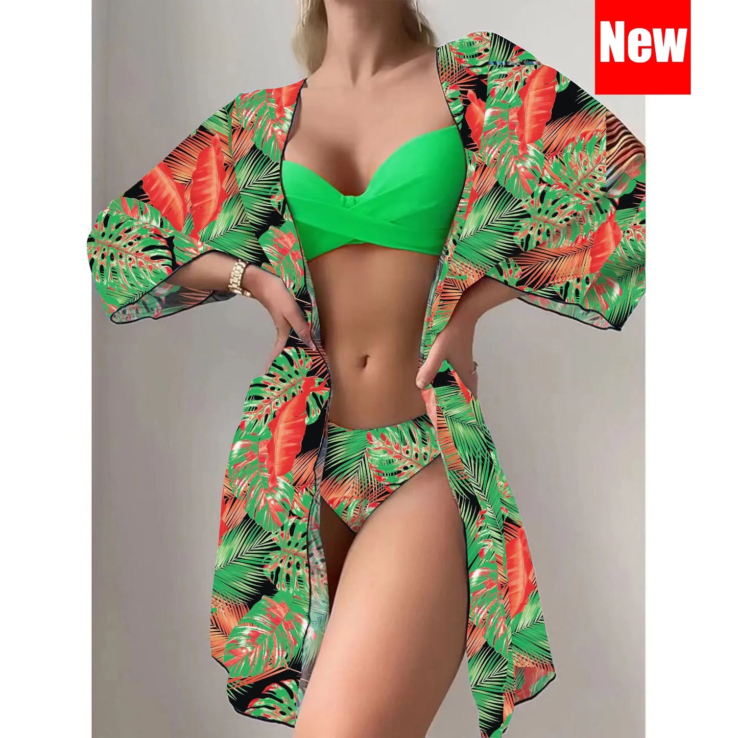 Three Pieces Bikini Set Cover Up Women New Push Up Twist Swimsuit Print Long Sleeve Swimwear Biquini Bathing Suit Summer
