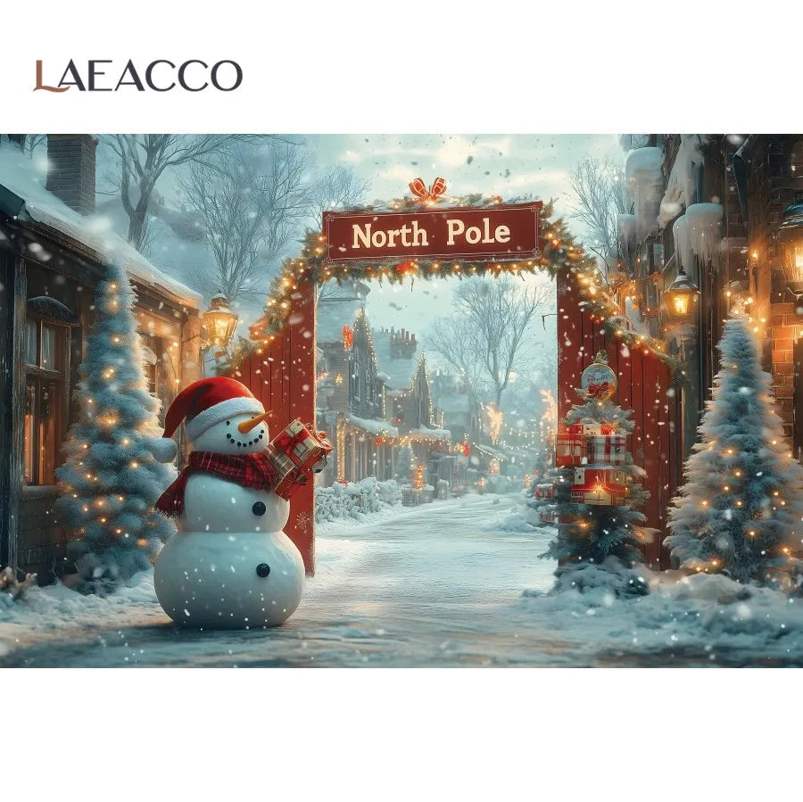 North Pole Christmas Backdrop Winter Village Town Xmas Tree Snowman Photography Background Family Xmas Eve Party Decor Banner