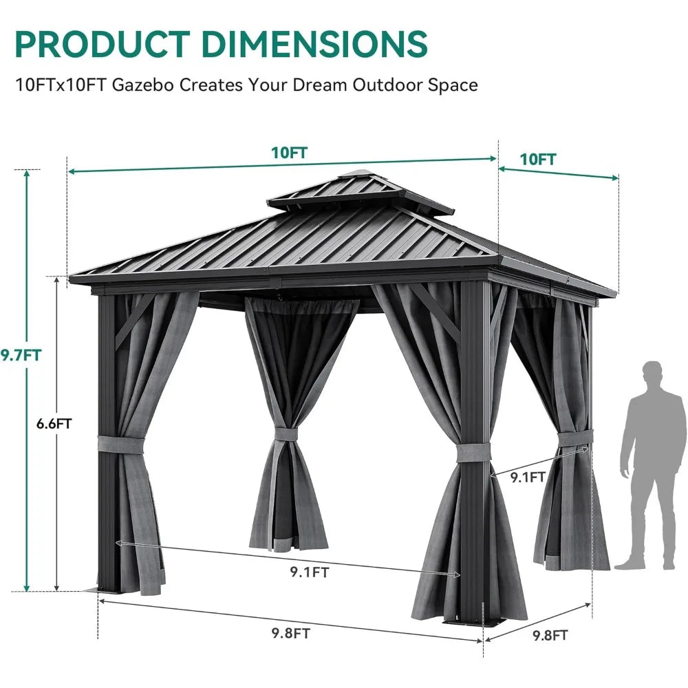 10x10ft Hardtop Gazebo, Nettings and Curtains, Heavy Duty Double Roof Galvanized Steel Outdoor Combined of Vertical Stripes Roof