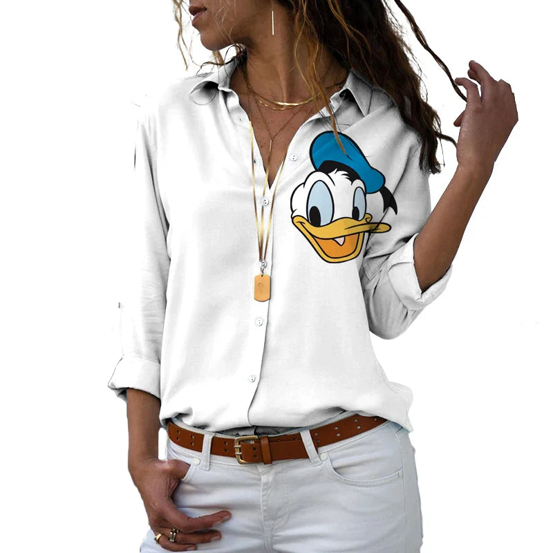 New 2024 Disney Harajuku Slim Fit 3D Print Women's Button Up Long Sleeve Lapel Mickey Minnie Casual Cute Shirt y2k