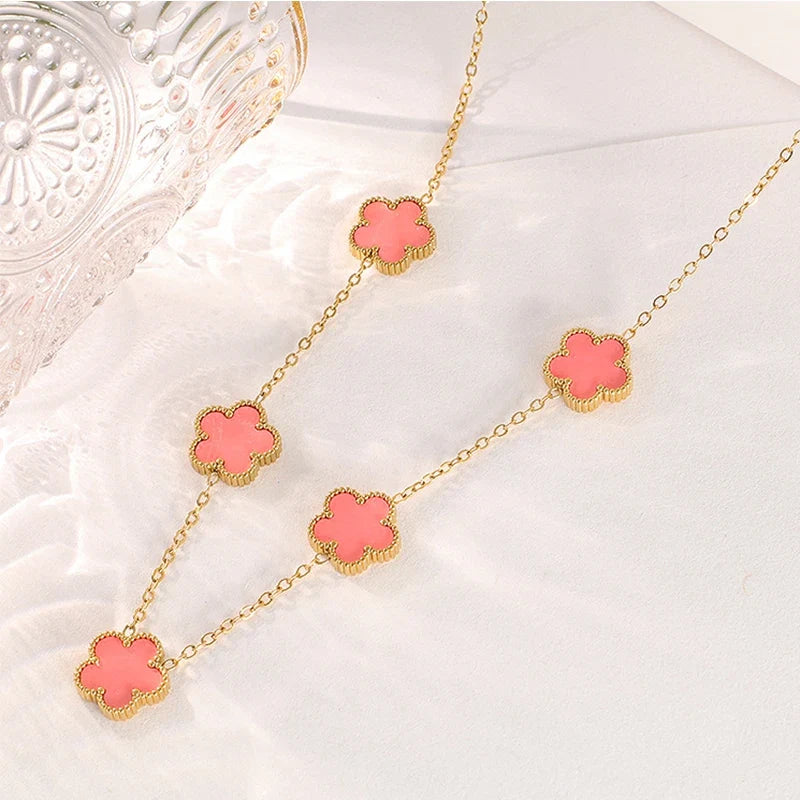 14K Gold Plated Stainless Steel Necklace Woman Five Leaf Petals Double
